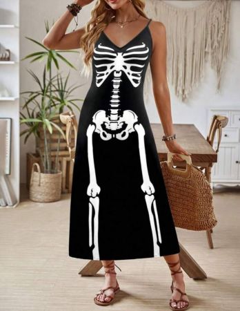 SHEIN LUNE فستان نسائي بطبعة هيكل عظمي رقبة على شكل حرف V بدون أكمام لارتداء على الشاطئ كقميص علوي قصير