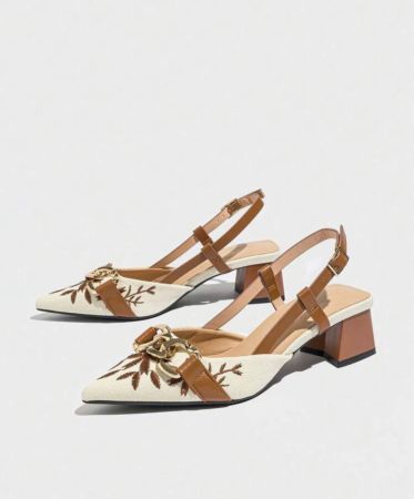 حذاء نسائي بكعب سميك ومقدمة مدببة مطرز بالورود، مريح وأنيق للحفلات والمناسبات الرسمية واحتفالات الأعياد والعمل والمكتب وكعب عالٍ بني اللون، مناسب للربيع والصيف