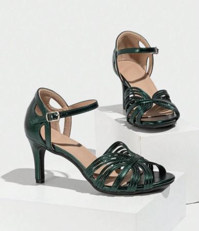 صنادل كعب عالي نسائية ذات ألوان قوس مفرغة ، طراز الشرق الأوسط بحزام وفتحة للإصبع، كعب قطة ناعم وجذاب