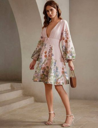 Anewsta فستان قصير للنساء بطبعة زهور وياقة على شكل V مع حزمة على الأمام وأكمام ملتفة