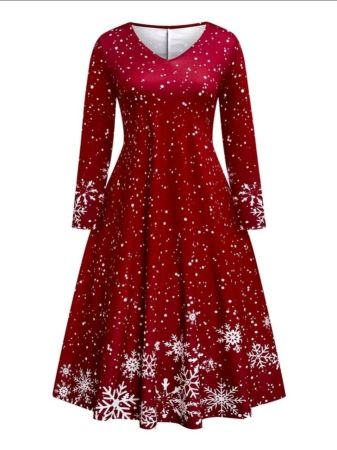 فستان كاجوال نسائي من SHEIN Clasi بمقاسات كبيرة بطبعة رقاقات الثلج وفتحة رقبة على شكل حرف V وأكمام طويلة، ملابس ماكسي لخريف رأس السنة الجديدة