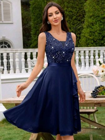 فستان MIUSOL من الشيفون بفتحة رقبة على شكل حرف V عميقة وحواف من الدانتيل والترتر لحفلات التخرج وحفلات الضيوف