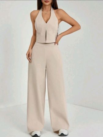 بلوزة SHEIN PETITE ربيع/صيف أنيقة بدون أكمام ورقبة على شكل حرف V وظهر مفتوح وبنطلون واسع الساق، ملابس تخسيس وإطالة للشارع