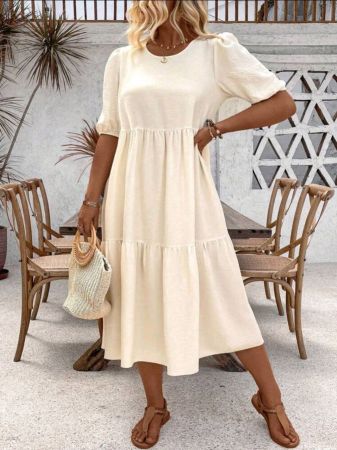 فستان فرانكليا النسائي طويل فضفاض بمقاسات كبيرة، بلون سادة، برقبة دائرية، وأكمام قصيرة منفوخة، وحاشية مكشكشة، مناسب للصيف