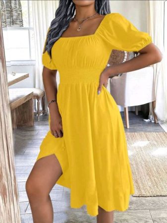 فستان كالفايا الأصفر، قطعة واحدة، برقبة مربعة، وأكمام منتفخة، وخصر مجعد، للنساء، ربيع/صيف