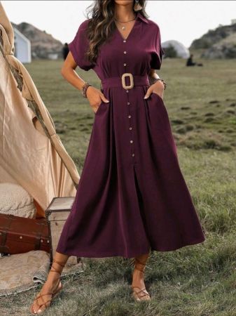 فستان نسائي صيفي قصير الأكمام بأزرار وحزام من SHEIN LUNE