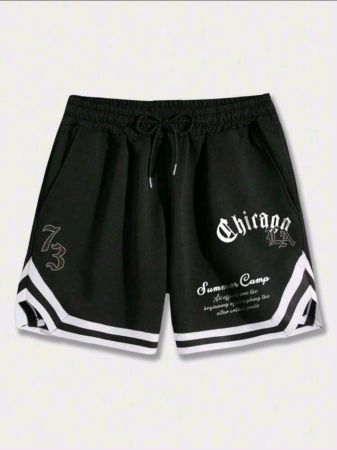 شورت كرة السلة أكاديميا للرجال من ROMWE، مزين برسومات وخطوط، ورباط خصر، مناسب للمدرسة