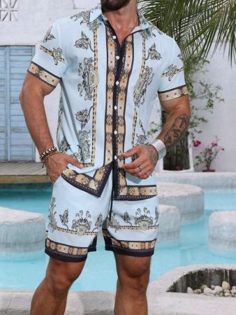 طقم قميص وشورت رجالي من Manfinity RSRT صيفي للشاطئ مطبوع عليه أزهار بأكمام قصيرة فضفاضة للزوج