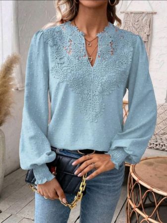 قميص نسائي من SHEIN LUNE بأكمام فانوس مزخرفة بالدانتيل