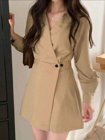 فستان قصير نسائي من DAZY بلون سادة وأكمام قصيرة وفتحة مائلة، فستان قميص للربيع والخريف، فساتين نسائية كاجوال