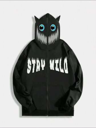 هودي رجالي من روموي أفانت، مطبوع عليه حروف ورسومات وسحّاب، بتصميم آذان ثلاثي الأبعاد، مناسب للمدرسة