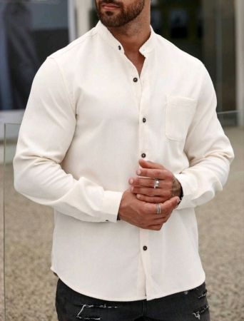 قميص مانفينيتي هوم رجالي سادة بأزرار وجيب مرقع بدون تيشيرت