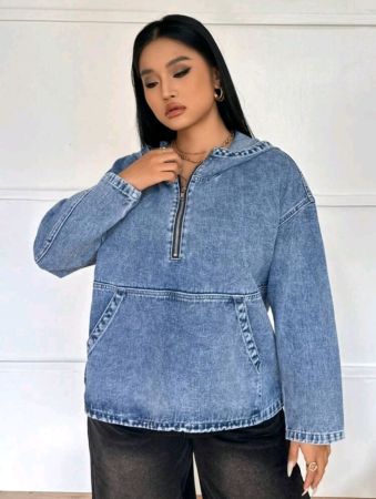 جاكيت جينز SHEIN PETITE CURVE بمقاس كبير بسحاب نصفي وغطاء رأس وجيوب