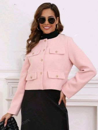 جاكيت تويد أنيق كاجوال للنساء، ربيعي، مزين برقبة دائرية وأكمام طويلة، بلون واحد