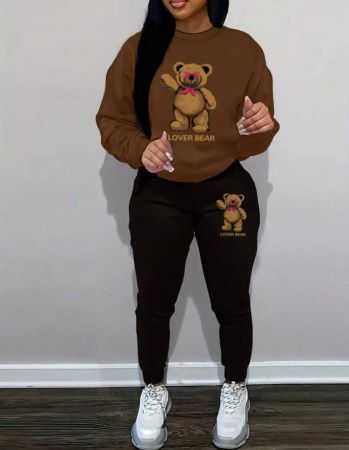 SHEIN بدلة رياضية نسائية بقبة دائرية وطباعة حرف ودب ،جزئين: سويت شيرت وسروال رياضي