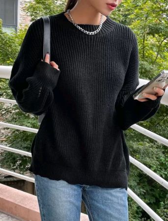 سترة DAZY سادة محبوكة مضلعة بأكتاف منسدلة، وقمصان بأكمام طويلة