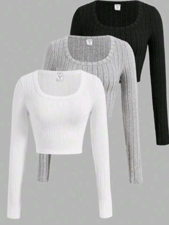 مجموعة تي شيرتات SHEIN Girlism للفتيات المراهقات، مكونة من 3 قطع، باللونين الأسود والأبيض والرمادي، محبوكة ومضلعة، برقبة دائرية، بأكمام طويلة، مريحة ومتعددة الاستخدامات، اشترِ واحدًا واحصل على الثاني مجانًا