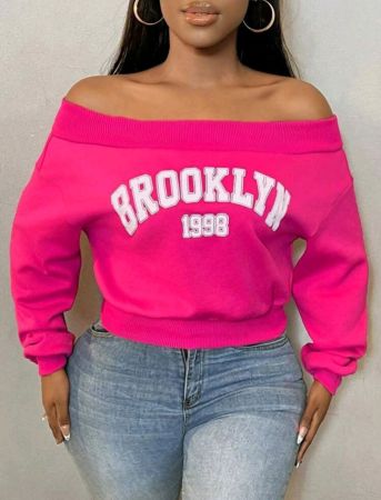 SHEIN SXY مقاس كبير، سويت شيرت كاجوال بأكمام طويلة وأكتاف مكشوفة، مناسب للشتاء