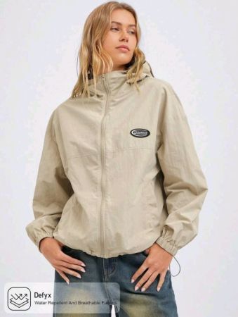 سترة Easelle فضفاضة كاجوال كاجوال مقاومة للماء بغطاء رأس وسحاب من الكاكي، مناسبة للخريف/الشتاء