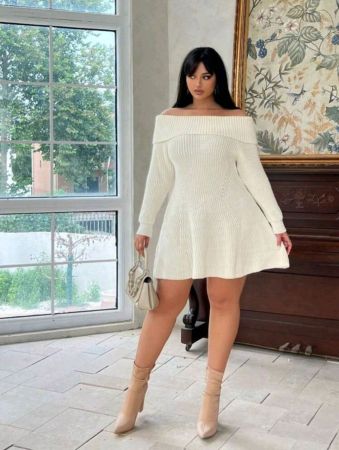 فستان POPSWAY Plus العصرية مكشوفة الكتفين بتصميم كشكش