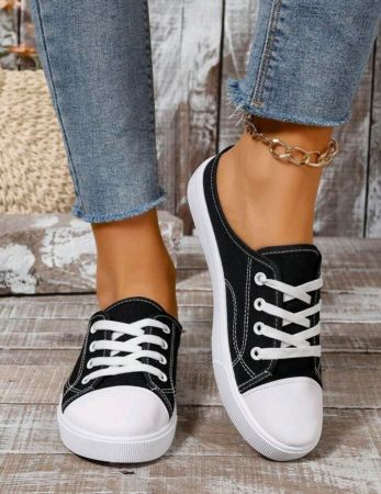 حذاء رياضي أسود جديد سهل الارتداء بمقاسات كبيرة، حذاء رياضي كاجوال للطلاب، حذاء مسطح أنيق، حذاء رياضي كاجوال أبيض صغير متعدد الاستخدامات برباط (المقاسات صغيرة، يُنصح بطلب مقاس أكبر بدرجة واحدة).