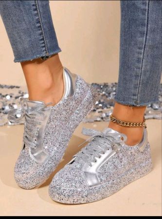حذاء رياضي مسطح كاجوال أنيق للنساء برباط مع زخرفة لامعة، حذاء مسطح يومي