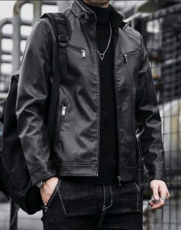 جاكيت رجالي من الجلد الصناعي بسحاب