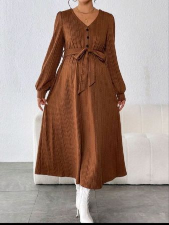 فستان شي إن للحوامل بحزام سادة وأكمام طويلة