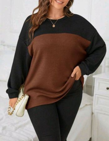 تي شيرت نسائي فضفاض بأكمام طويلة من SHEIN Essnce بمقاسات كبيرة، بلونين، منسدل الكتفين، كاجوال، مناسب للربيع والخريف