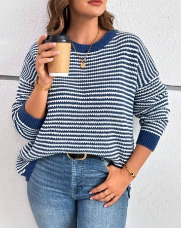 Luneh كنزة صوفية محبوكة طويلة الأكمام رقبة طاقم بسيطة وكاجوال مقلمة للمرأة ذات الحجم الكبير