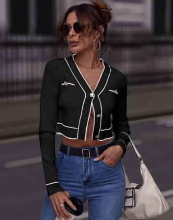 SHEIN Clasi كارديجان أسود مع حافة ذات تباين ازرار امامية، توب بأكمام طويلة