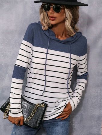 هودي SHEIN LUNE مخطط بألوان متعددة مع رباط، مناسب للربيع/الخريف، كاجوال للسيدات، بأكمام طويلة مع رباط، مناسب للارتداء اليومي، بلوفر أزرق داكن بأكمام عادية، هودي نسائي، بلوزات بأكمام طويلة