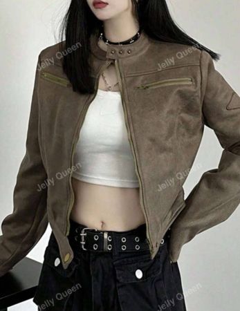 جاكيت موتو مقصوصة حادة - جلد المخمل الصناعي العتيق، طراز راكب الدراجة البسيط مع جيوب سحاب، مثالية لتداخل الملابس الشارعية