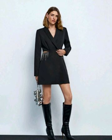 سترة مايا سوداء قصيرة مزينة بشراشيب وأحجار الراين، بخصر مجوف للنساء، مناسبة للربيع والصيف والحفلات والاحتفالات