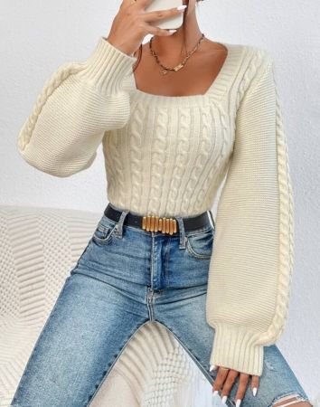 SHEIN Privé كنزة صوف ياقة مربع منسوج مضفور