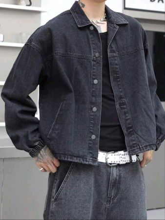 جاكيت جينز رجالي من Manfinity LEGND بأكمام طويلة وأزرار أمامية بلون سادة متعدد الاستخدامات