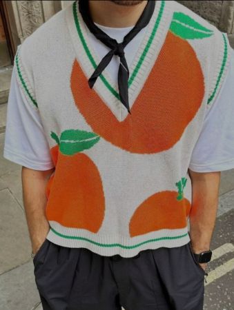 كنزة صوفية صدرية بياقة على شكل حرف V موسمية مع نمط خطوط برتقالية لطيفة، تريكو كاجوال مريح