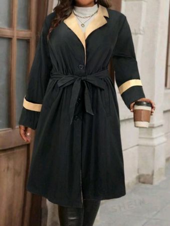 معطف ترنش طويل كاجوال بأكمام طويلة وياقة مطوية بألوان متعددة للنساء من SHEIN LUNE بمقاسات كبيرة لفصل الخريف