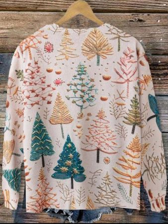 سترة جوريس بياقة دائرية ونقشة شجرة صنوبر بمقاسات كبيرة، كاجوال لفصل الخريف/الشتاء