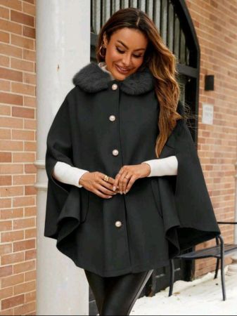 سترة فرانكليا أنيقة، مناسبة للتنقل، عالية الجودة، بياقة منفوشة وغطاء رأس، جيوب، قماش محبوك دافئ، مادة دافئة مقاومة للرياح، سترة بغطاء رأس على شكل عباءة