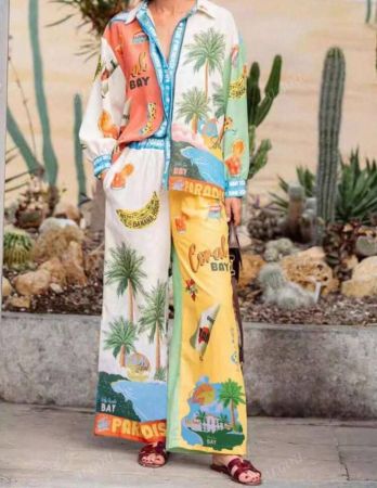 طقم كاجوال مطبوع بطراز بوهيمي مزخرف بحبل للسحب