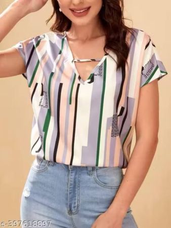 SHEIN LUNE لباس علوي قطع V عنق طباعة مخطط