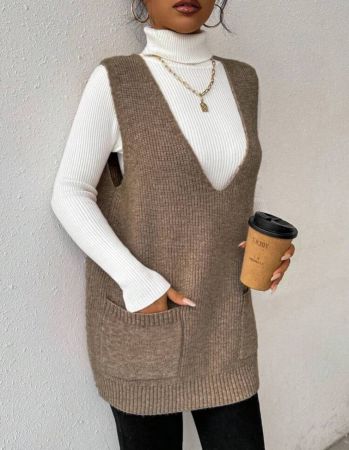 Calvaya كنزة صوفية بروب كنزة نسائية عميقة V بجيب باللون موحد اللون، بسيطة ومريحة للغاية للإرتداء اليومي العادي