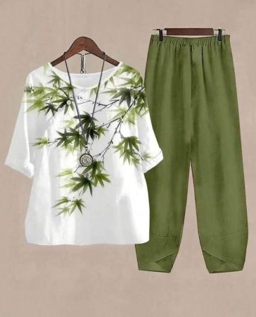 EMERY ROSE طقم صيفي من قطعتين ل- النساء ذوات الأحجام الكبيرة، ملابس علوية قصيرة الأكمام بياقة مستديرة وبنطال, طبعة بامبو فضفاضة بأسلوب بوهيمي