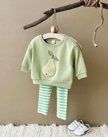 مجموعة فتاة صغيرة لموسم الربيع/الخريف، قطعتين: ملابس علوية طويلة الأكمام مطرزة بالفواكه + بنطال مخطط