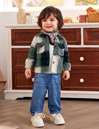 طقم ملابس للأطفال الرضع والأطفال الصغار خريف وشتاء جديد، مصنوع من قماش الفلانيل المنقوش وبنطلون مطبوع