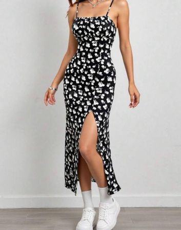 فستان نسائي بتصميم زهري صغير مع شق جانبي قابل للضبط بأشرطة سباغيتي باللون الأسود