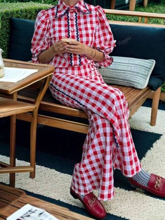 طقم مكون من قطعتين بلوزة بأكمام منتفخة وبنطال للنساء، ربيع وخريف