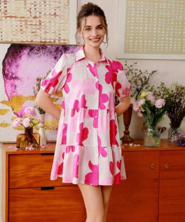 Aveloria Rosie فستان مطبوع بأكمام قصيرة للنساء، ذو طبعات متناسقة على كامل الفستان، مناسب لملابس الصيف والعطلات