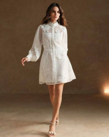 Anewsta فستان نسائي أنيق بأكمام الشمعدان وخصر مكشوف باللون الأبيض، مناسب للمكتب